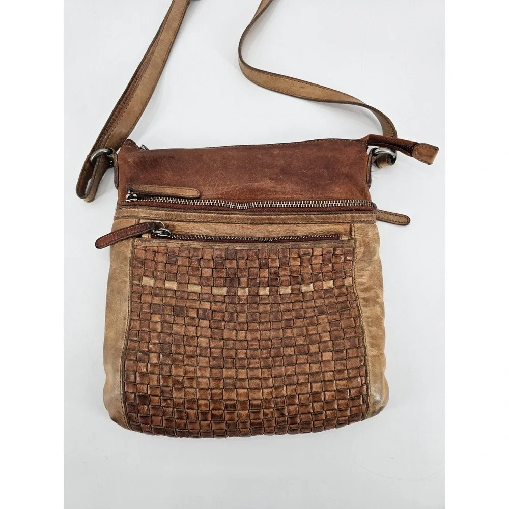 Anthropologie Vilenca Holland Cognac Weaved Distress Leather Crossbody‎ Bag